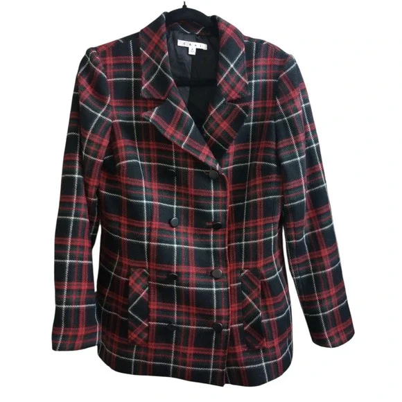 Cabi Manhattan Tartan Plaid Double Breasted Wool Blend Peacoat Preppy Size 8 - Picture 1 of 5